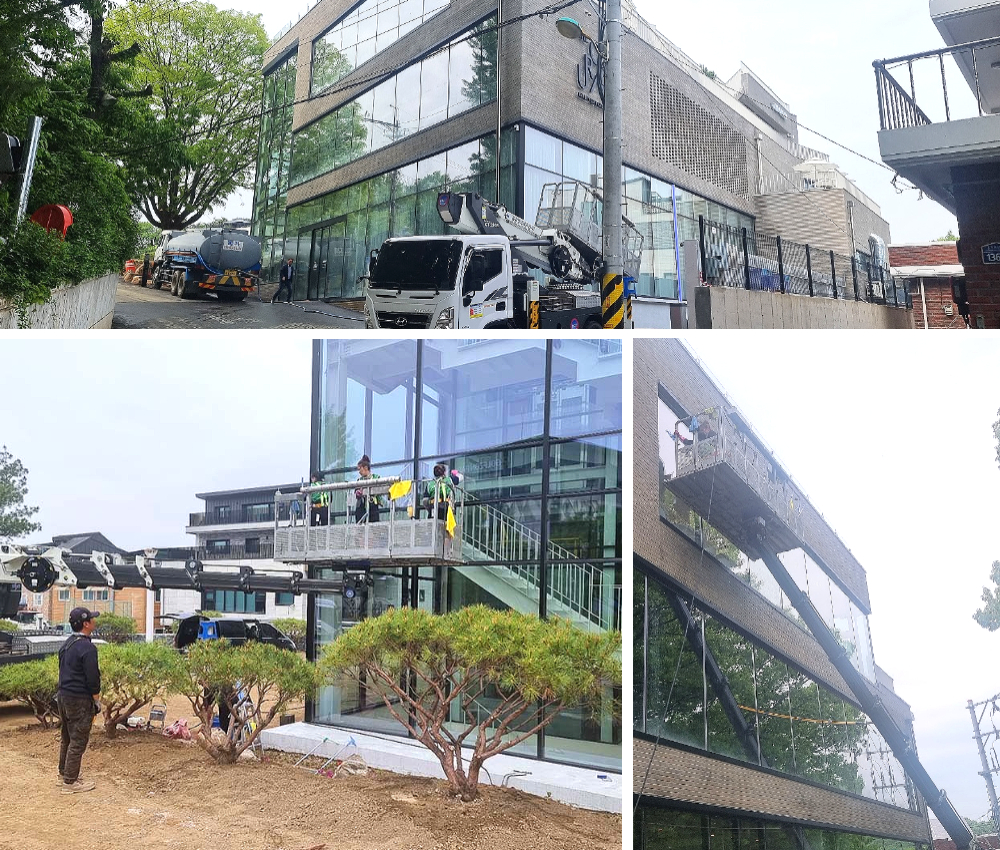 김포시 외벽청소와 스카이차타고 구래역 삼평동 모든 건물을 깨끗하게 관한 작업사진입니다.